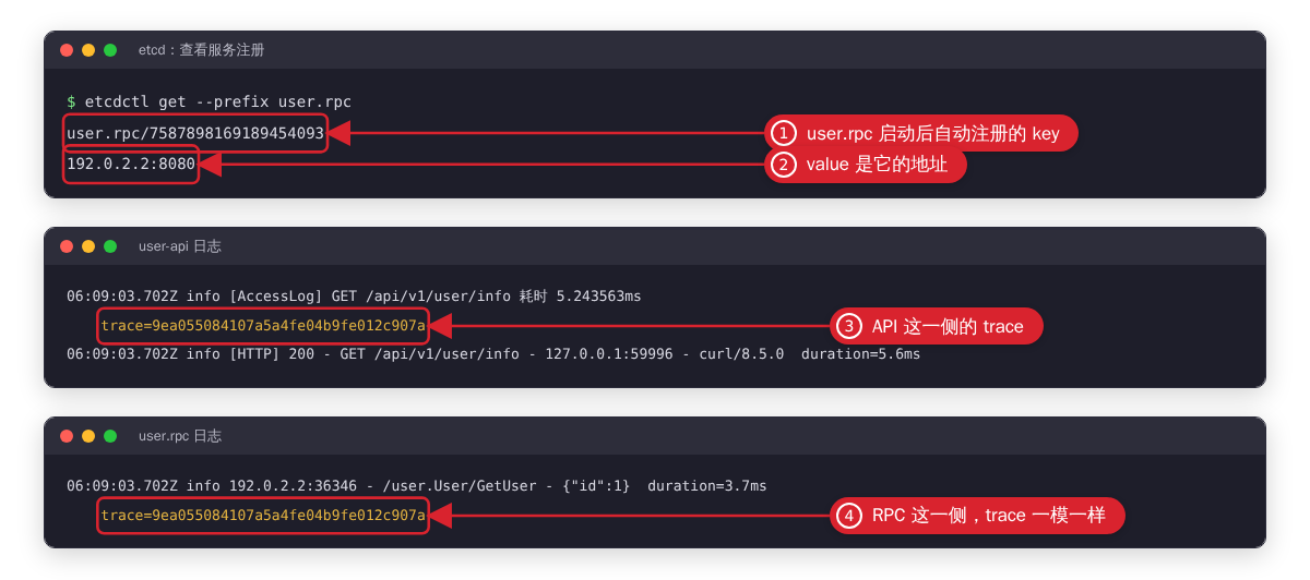 etcd 中的服务注册信息，以及 API 和 RPC 日志中相同的 trace