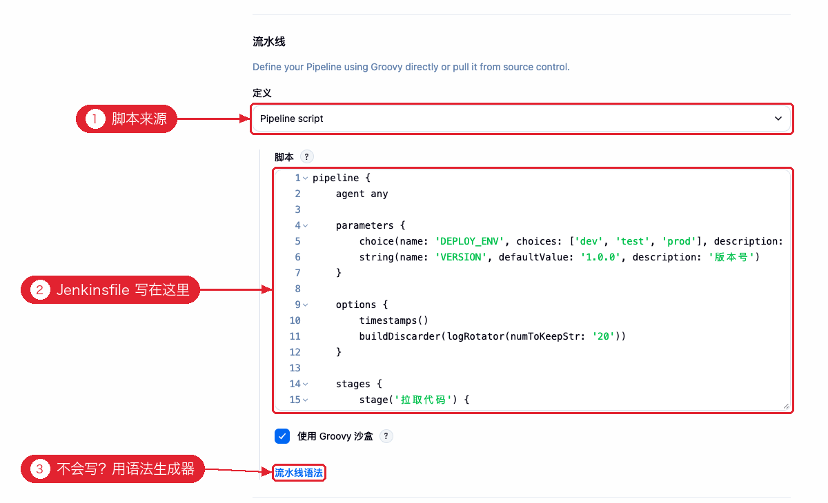 流水线配置：粘贴 Jenkinsfile